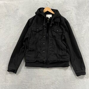 Sun + Stone Men's Black Hooded Denim Jacket Large Trucker Western Grunge Skater